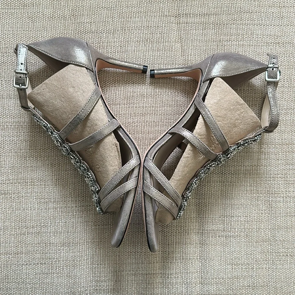Antonio Melani Laoise Tstrap Metallic Leather Jewel Embellished Dress Sandal EUC